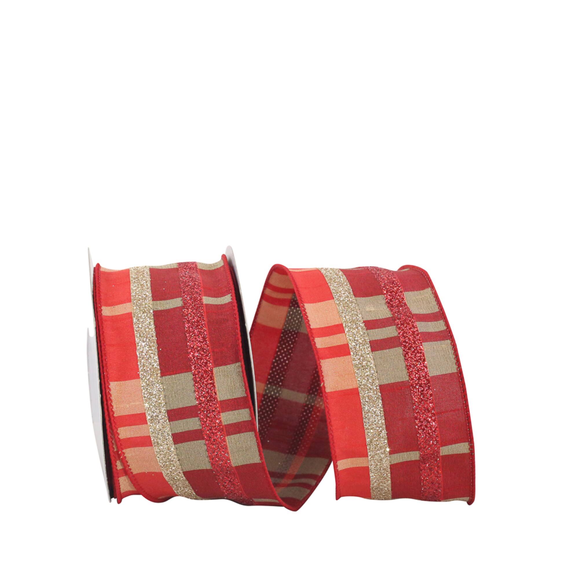 JAM Paper 2.5" x 10yd. Dupioni Wired Edge Glitter Plaid Ribbon